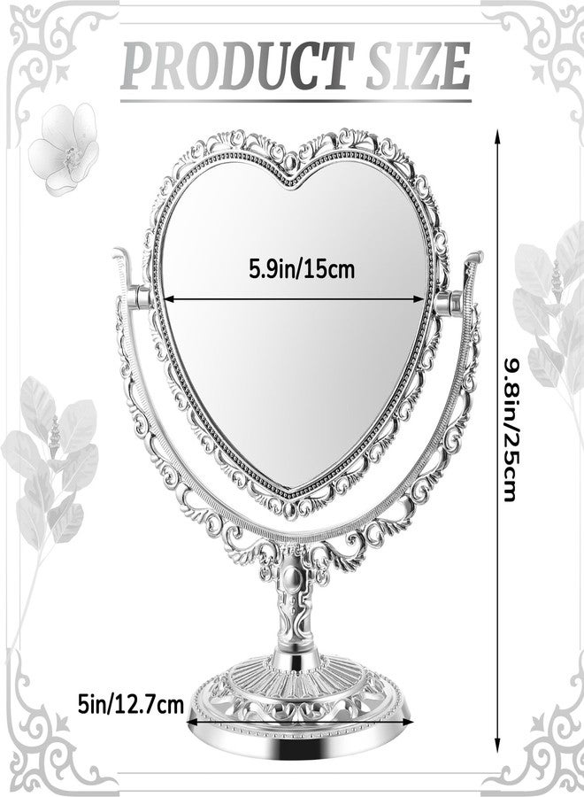 Jetec Heart Shaped Mirror Desktop Makeup Retro 360 Degree Rotation Standing Cosmetic for Dresser Room Decor Vintage Makeup Cosmetic Mirror(Silver) - Image 2